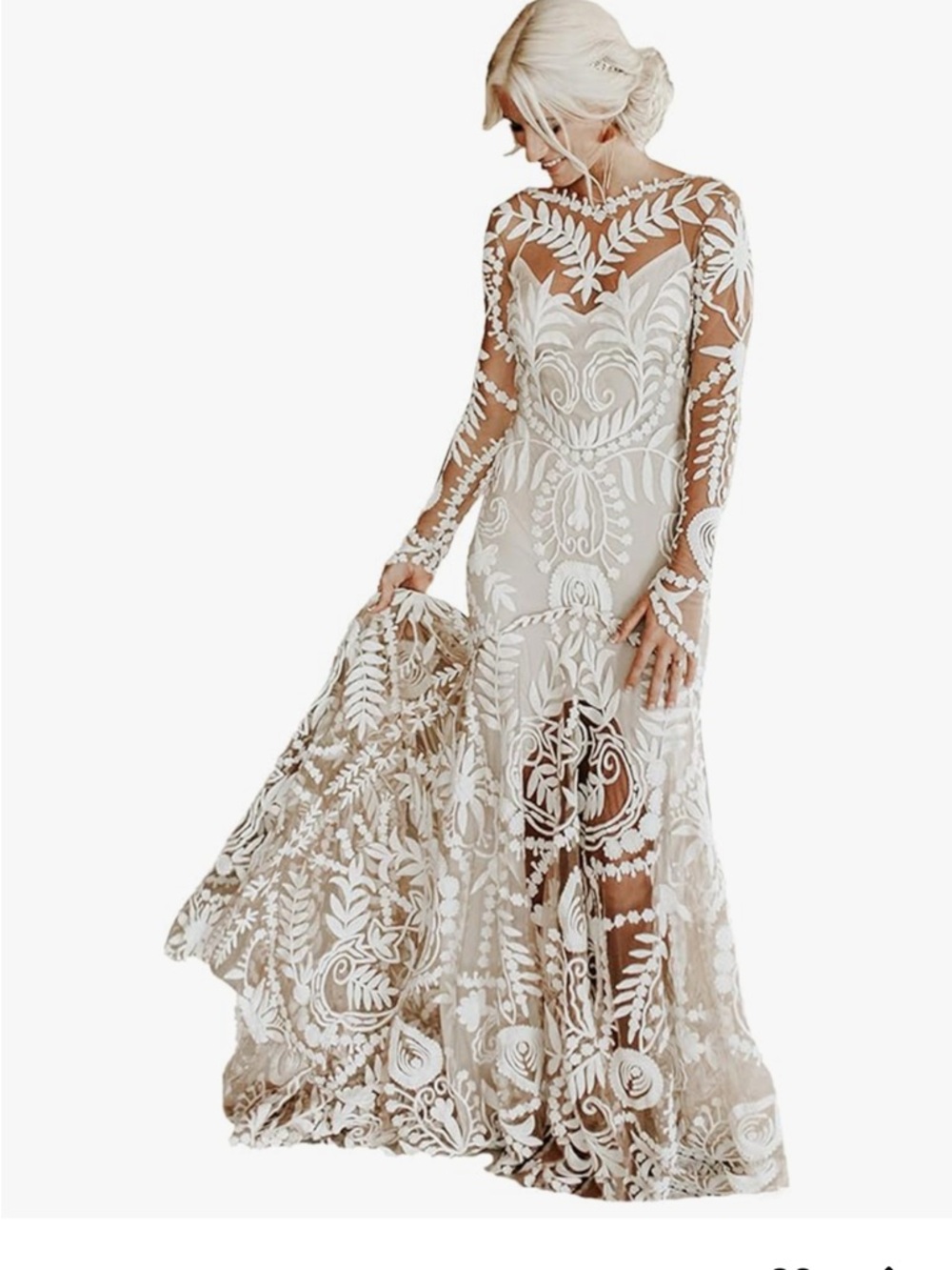 Ivory Lace Long-Sleeve Sheer Overlay Dress